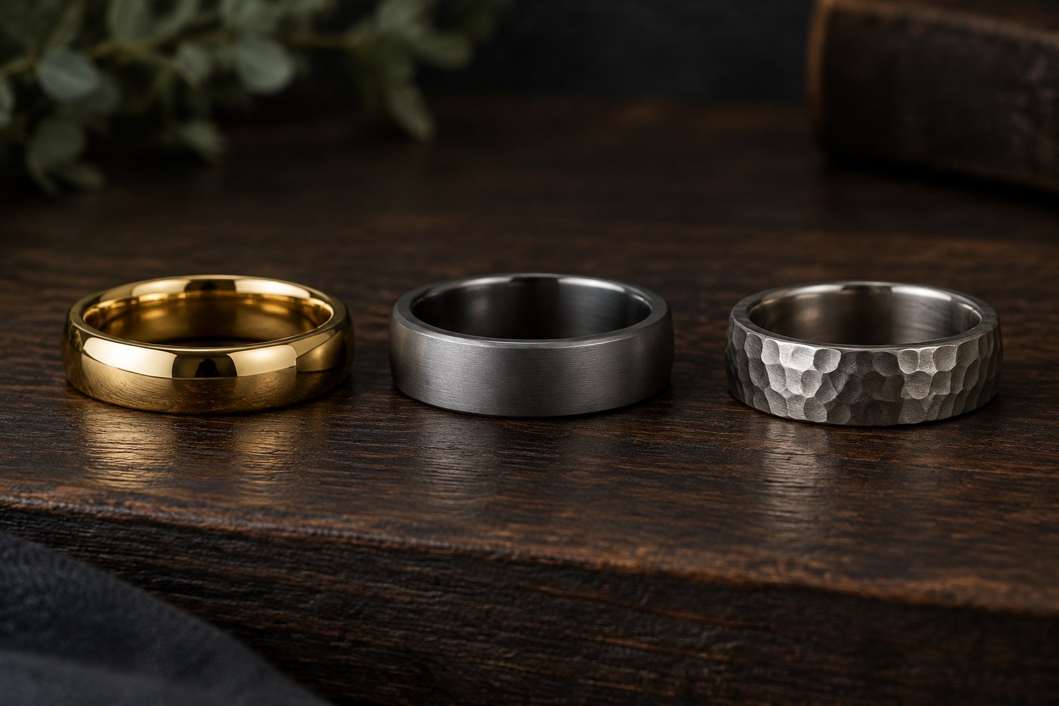 AI illustration of three mens wedding bands: polished gold, matte titanium and hammered.