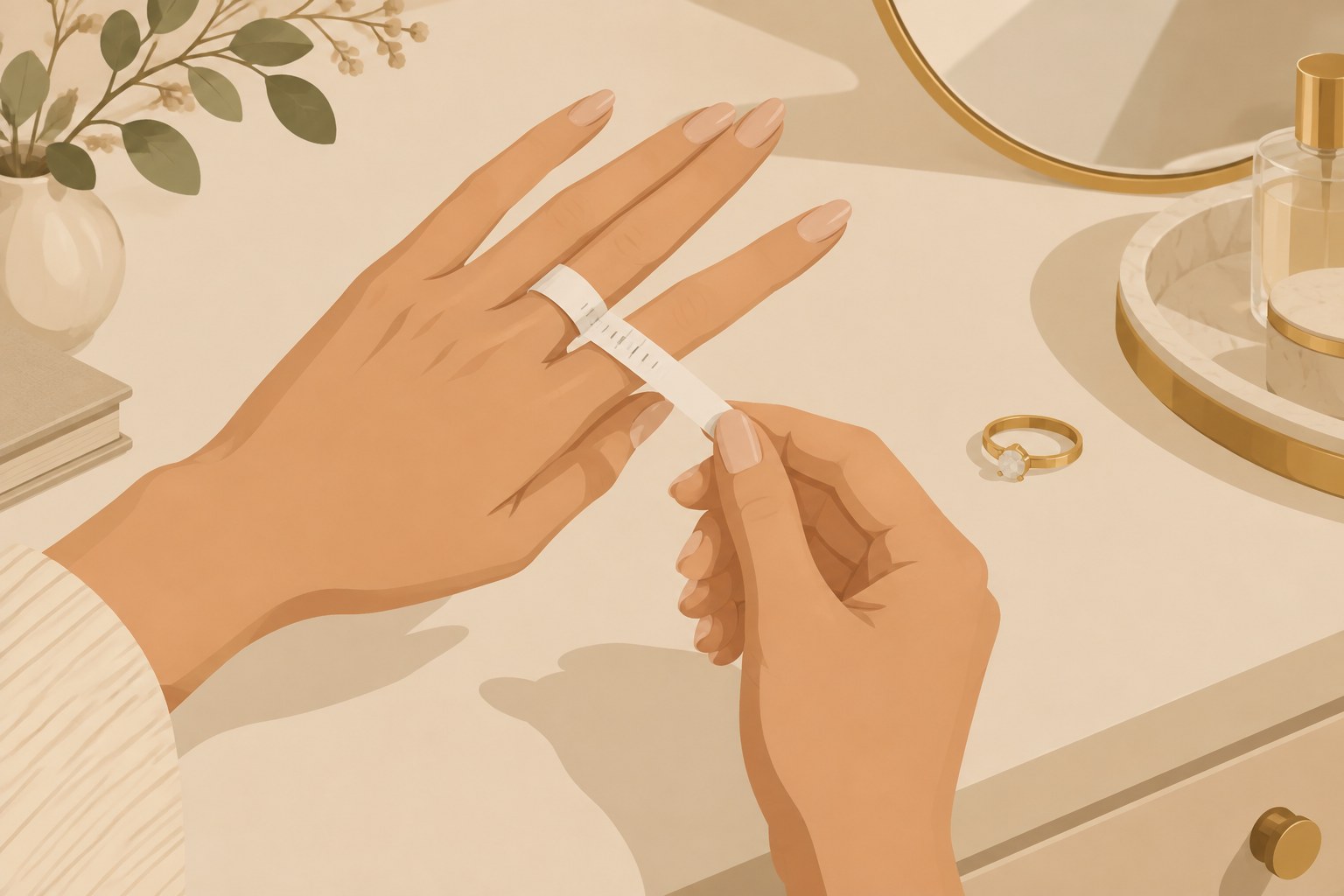 Illustration: a paper ring sizer being wrapped around a finger