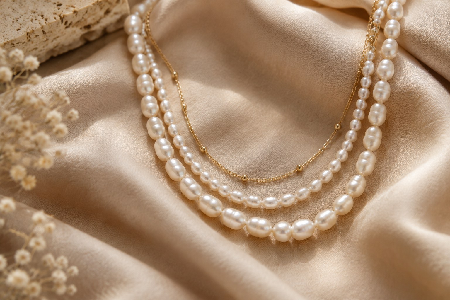 Illustration: a layered pearl strand with a fine gold chain on beige silk