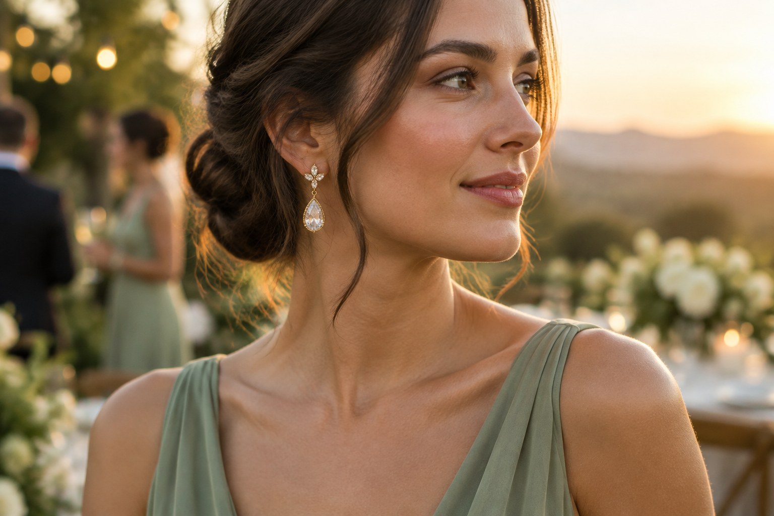 Illustration: a wedding guest in a sage dress wearing elegant drop earrings