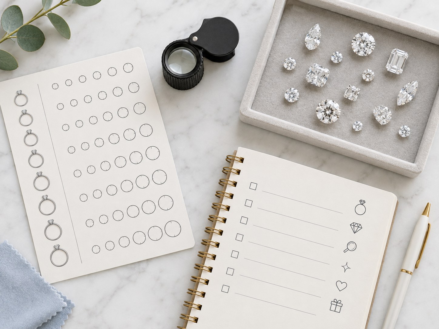 Engagement ring shopping tools: size chart, loupe, loose diamonds and a checklist notebook, AI-generated illustration