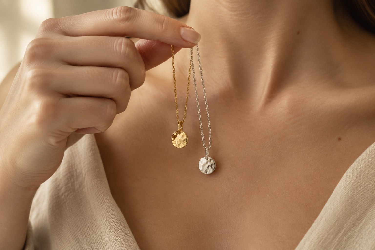 Illustration: a hand holding a gold necklace beside a silver necklace against bare skin