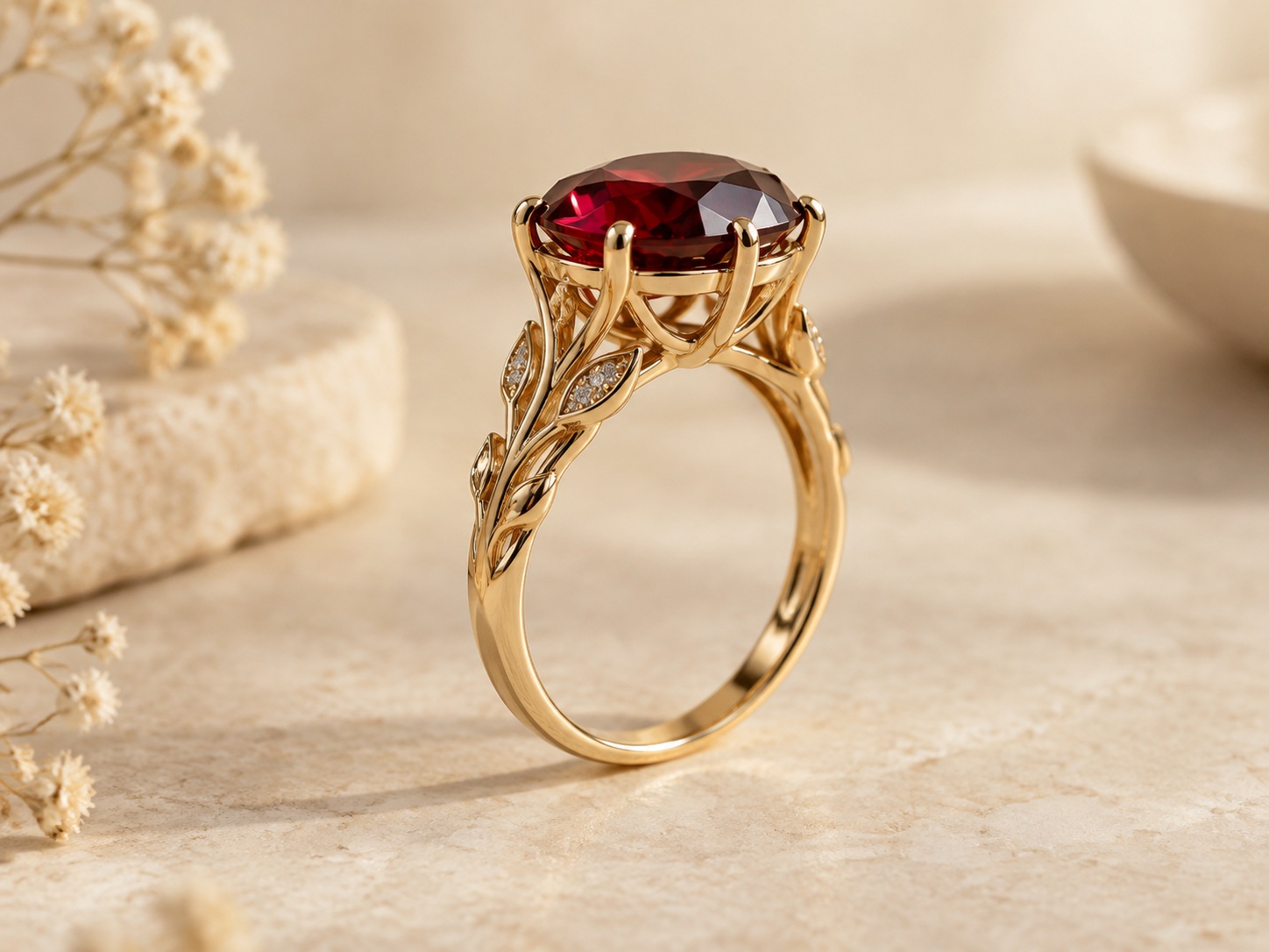 AI illustration showing the side profile of a raised red gemstone-style ring.