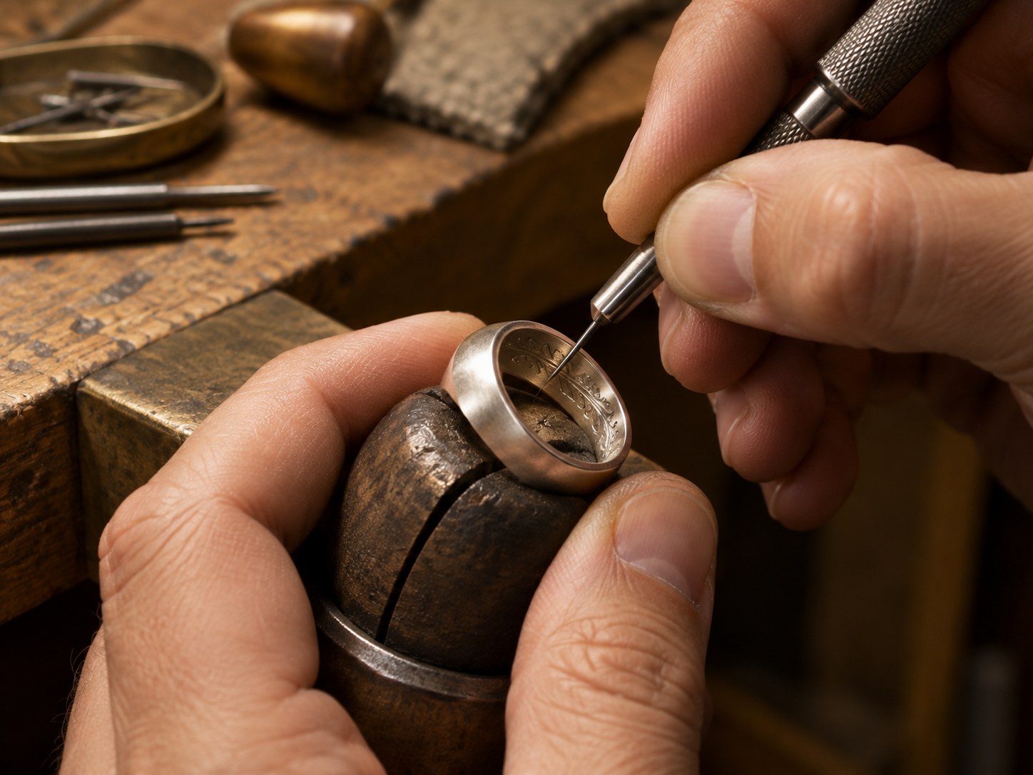 A jeweller engraving the inside of a silver ring band at a workbench, AI-generated illustration