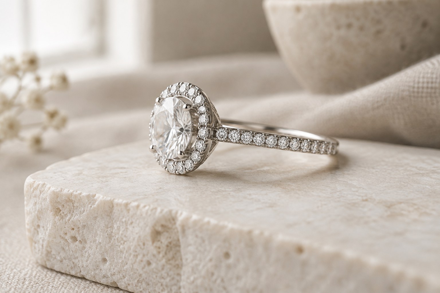 Illustration: close view of a halo ring frame of small pavé diamonds