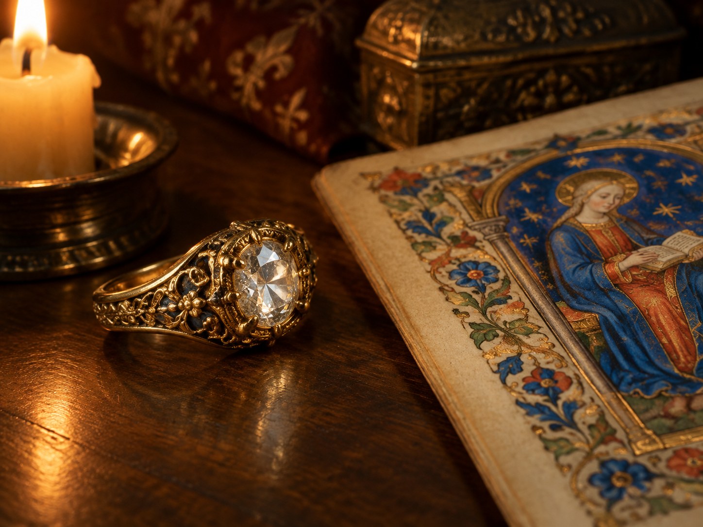 A Renaissance-style gold ring with an old-cut diamond beside a medieval manuscript miniature, AI-generated illustration