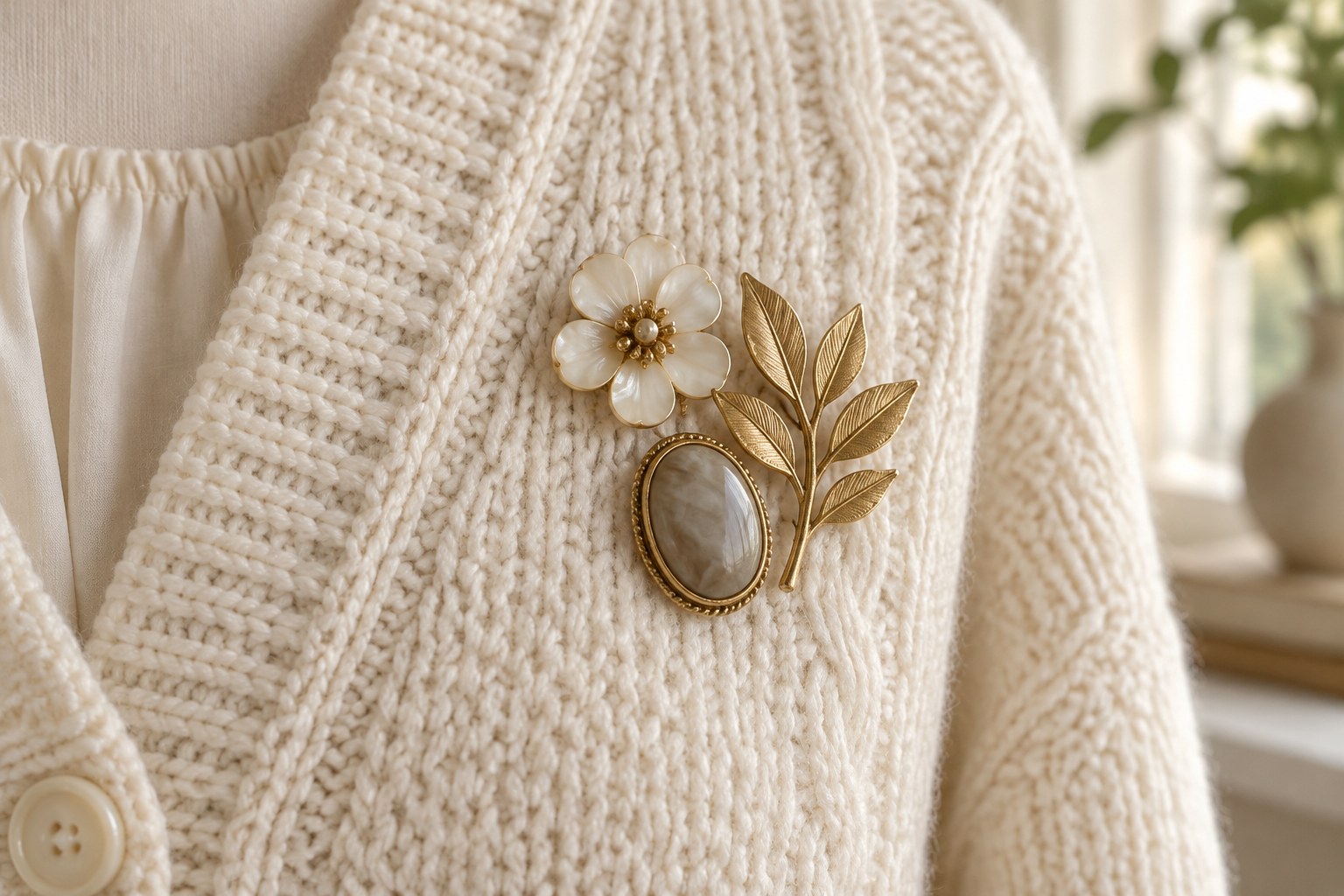 Three small brooches clustered on a cream knitted cardigan