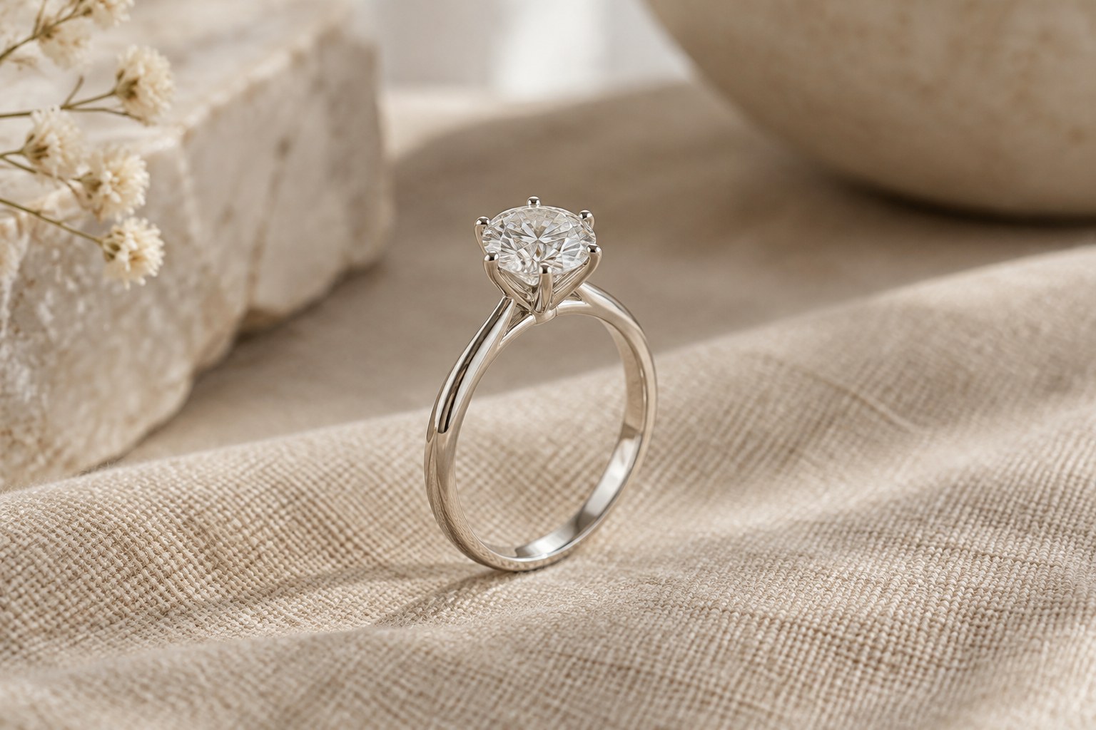 Illustration: a round brilliant solitaire ring on beige linen