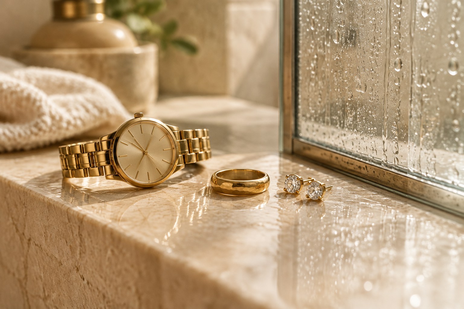Illustration: a gold watch, ring and studs arranged beside a shower door with water droplets