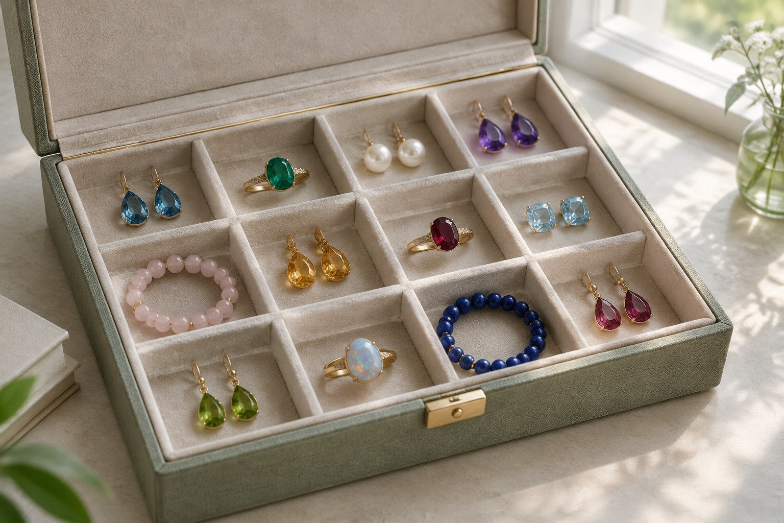 Illustration of a lined jewellery box with separate compartments (AI illustration, not a Shewah product)
