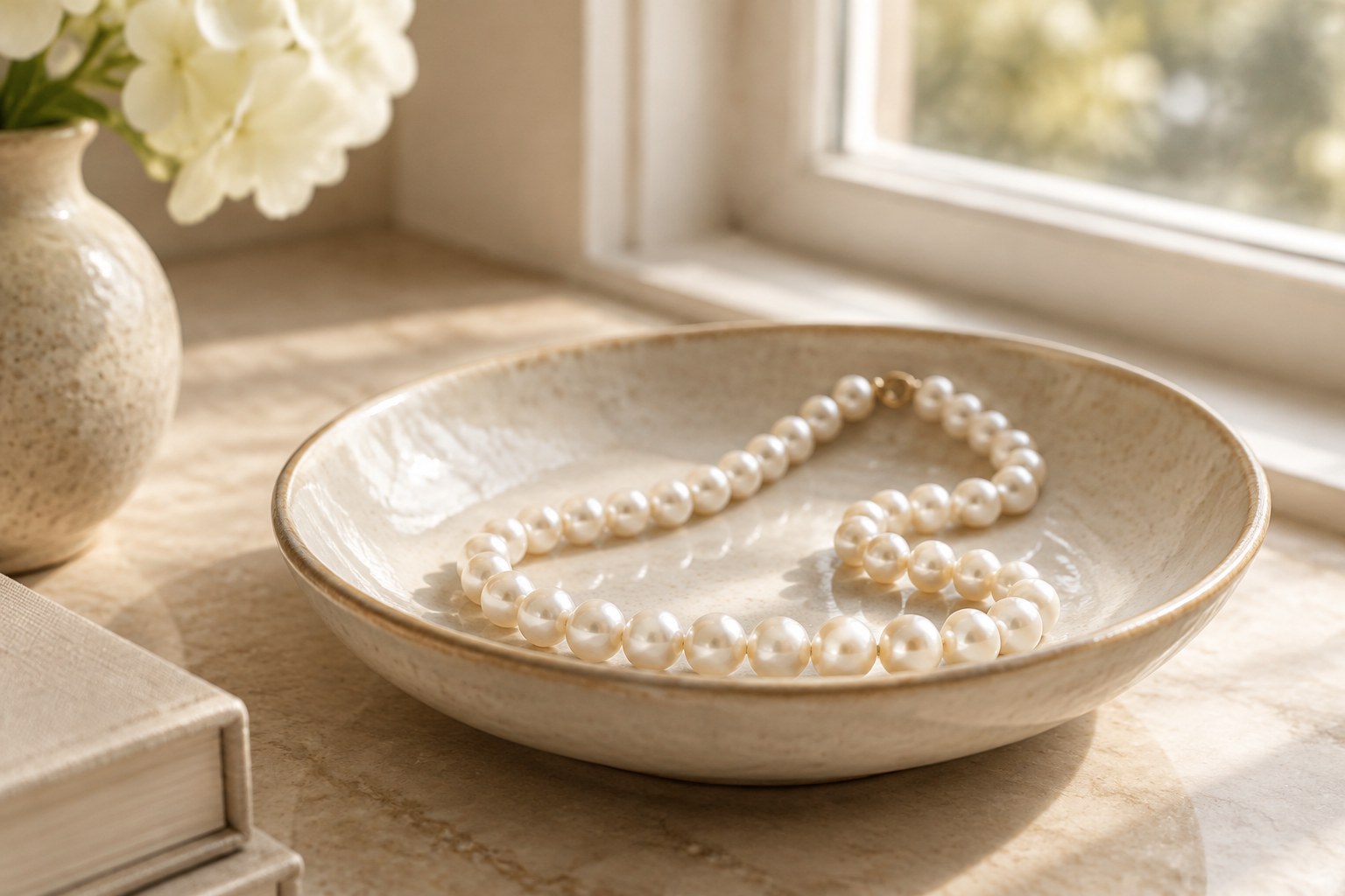 Illustration: pearls resting in a ceramic dish in soft window light