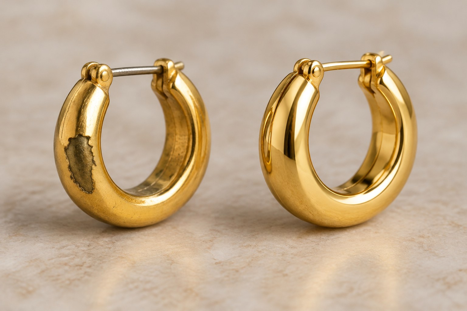 Illustration comparing worn gold plating with solid gold (AI illustration, not a Shewah product)