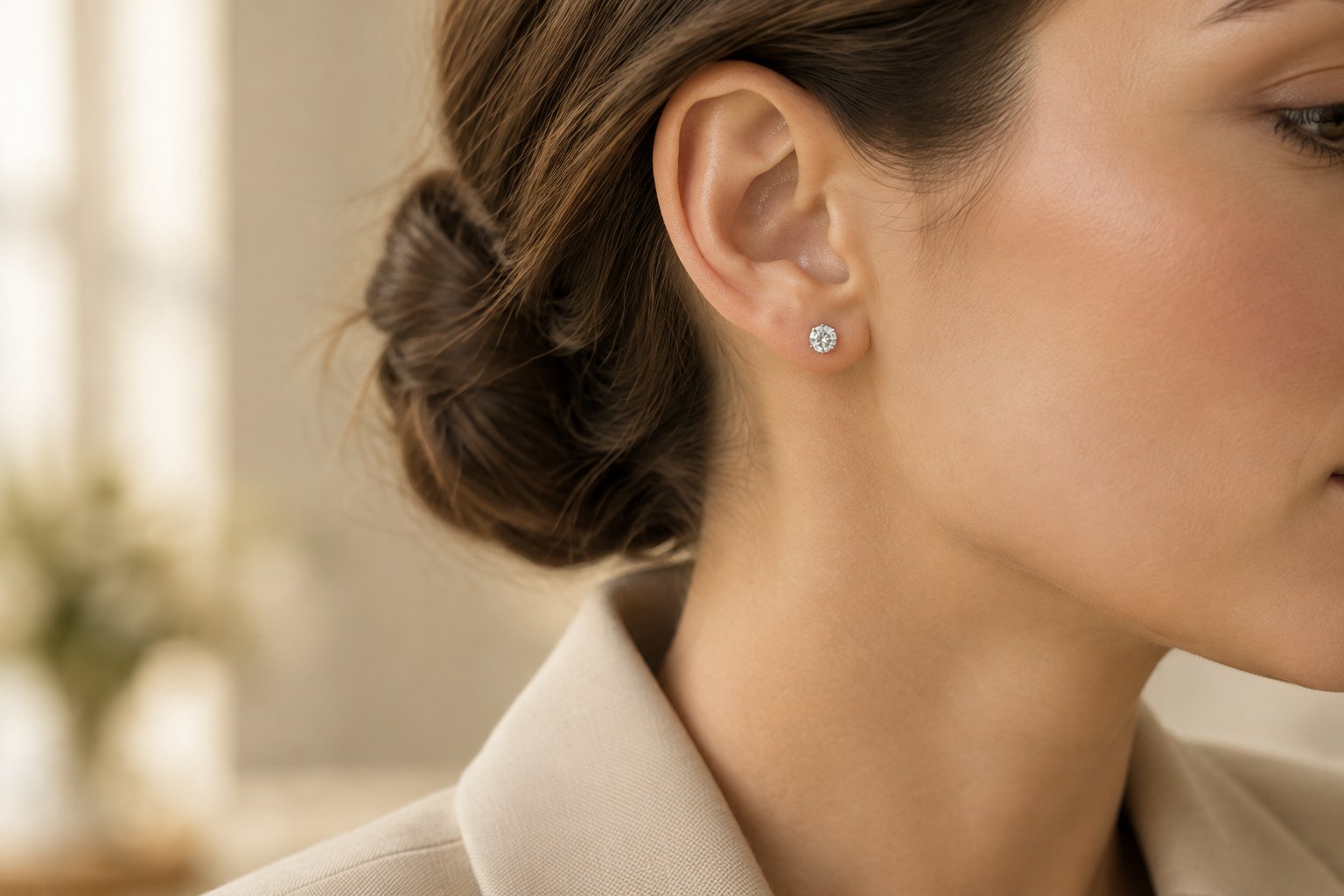 Illustration: a small diamond stud worn with a neutral blazer