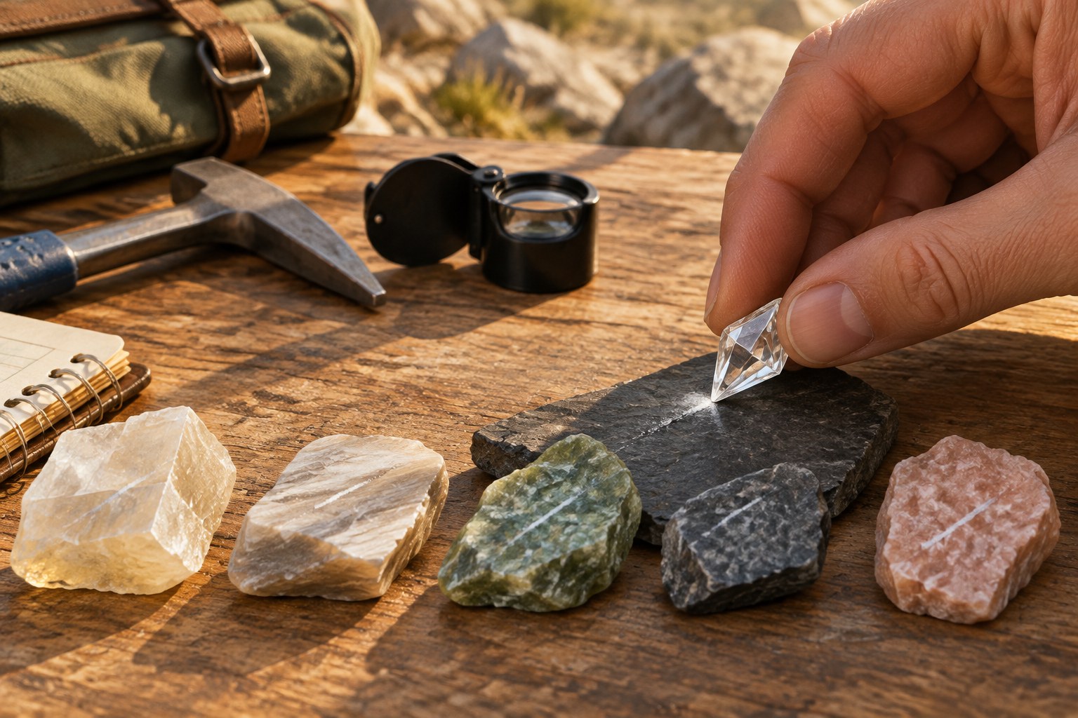 Illustration of a diamond scratching softer minerals on a bench (AI illustration, not a Shewah product)