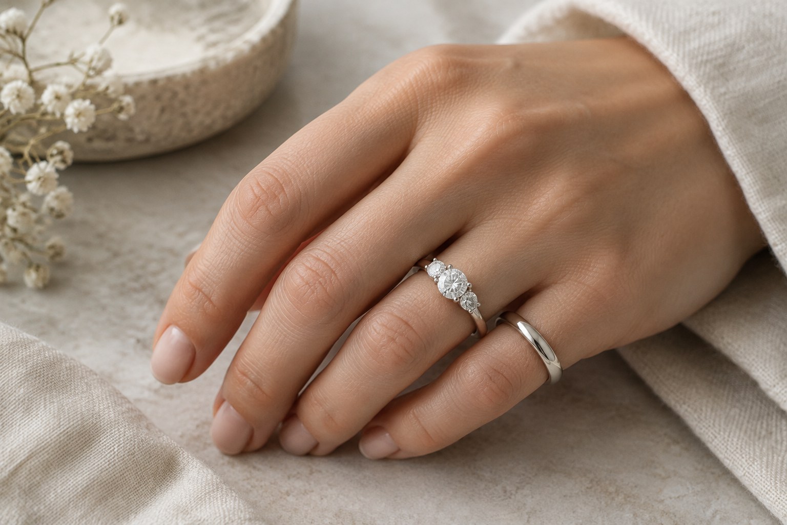 Illustration: a three-stone ring worn beside a plain wedding band