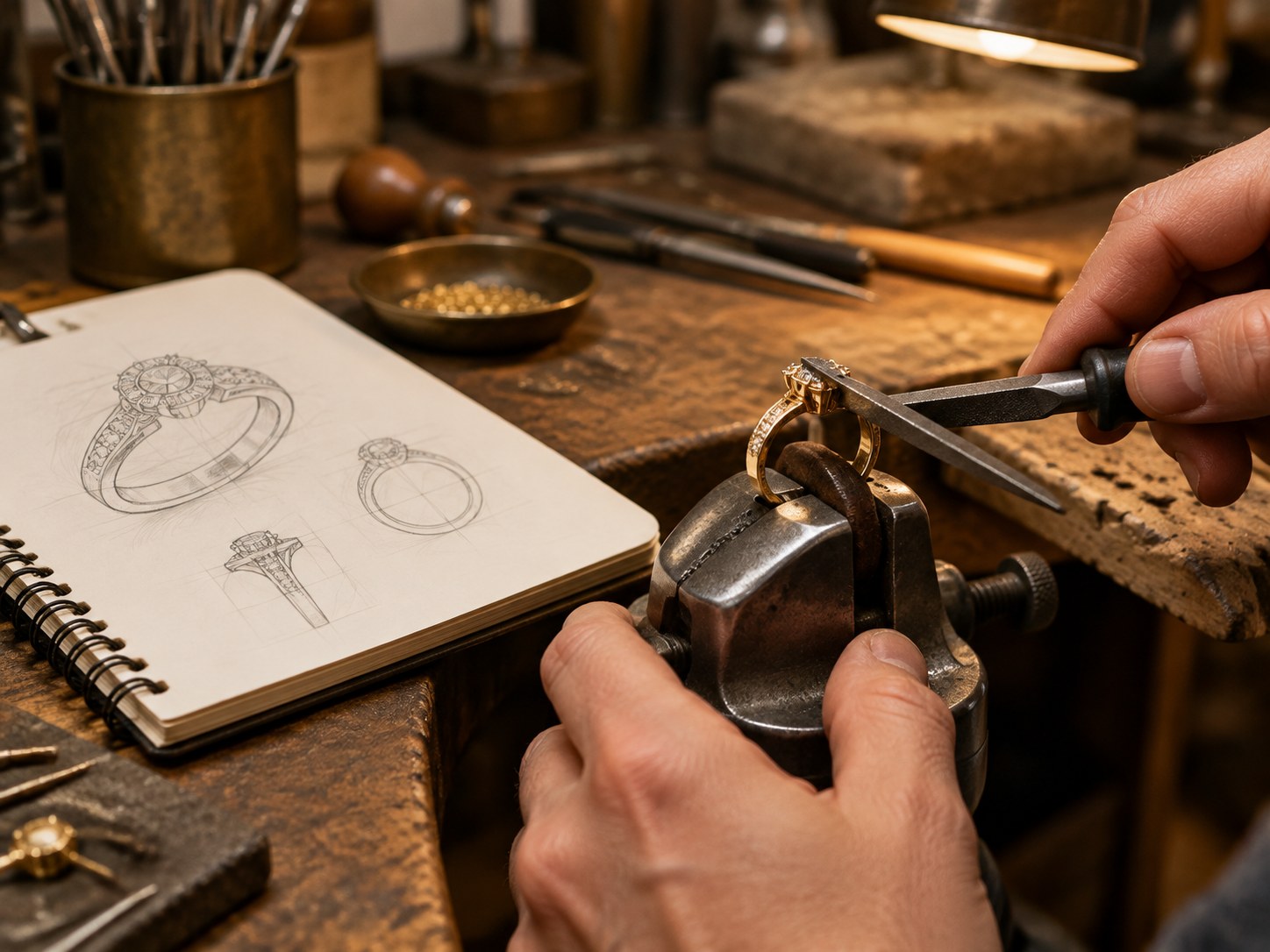 A gold ring being hand-finished at a jeweller workbench beside a design sketch, AI-generated illustration