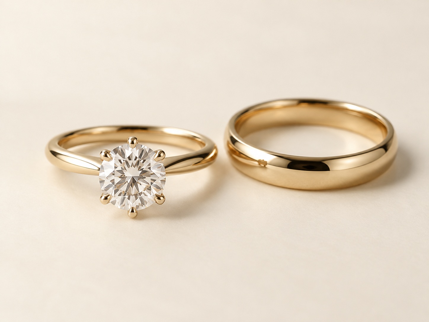 AI illustration of a solitaire-style ring beside a separate plain wedding band.