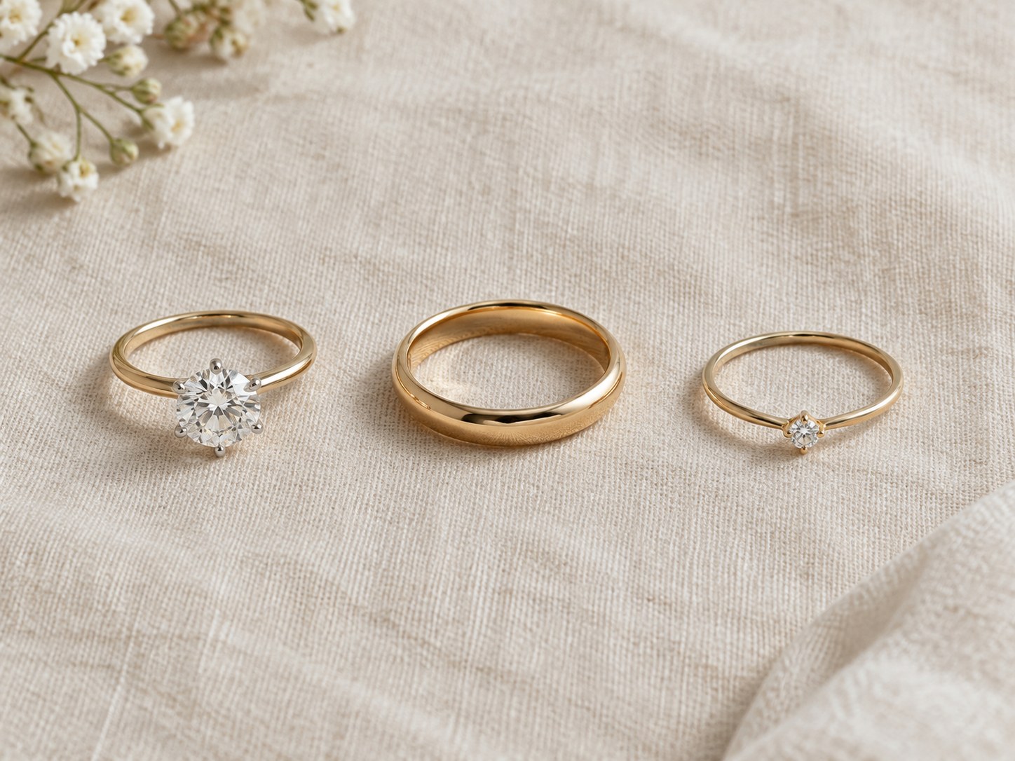 A solitaire engagement ring, plain wedding band and delicate promise ring on cream linen, AI-generated illustration