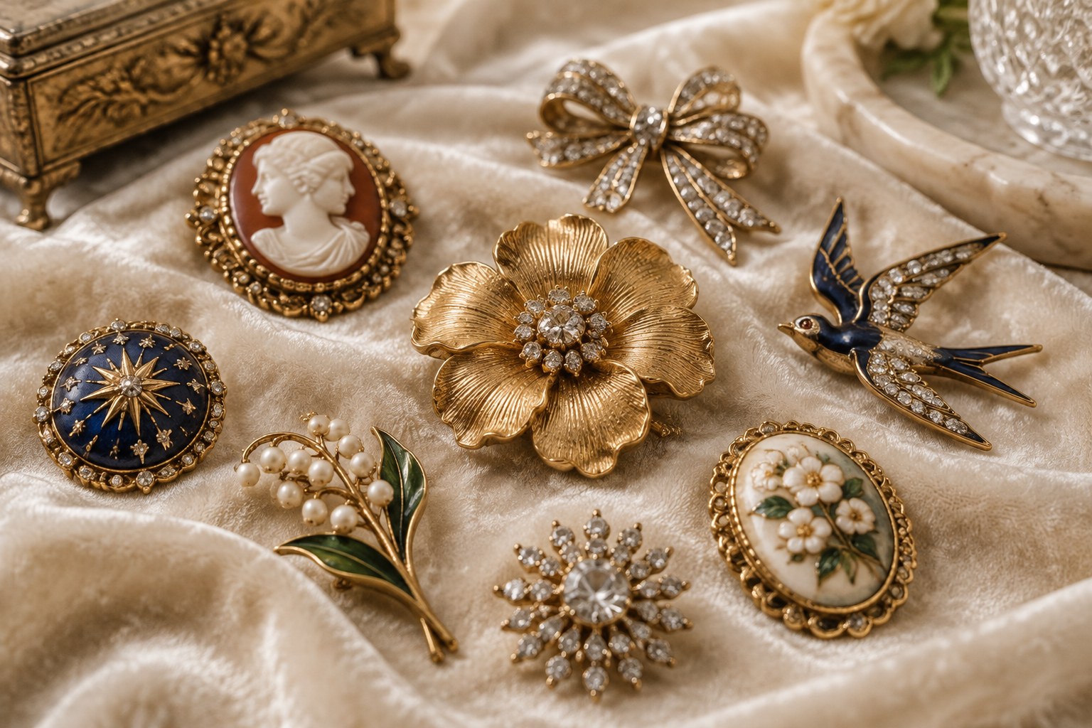 A scattered collection of vintage brooches on cream velvet