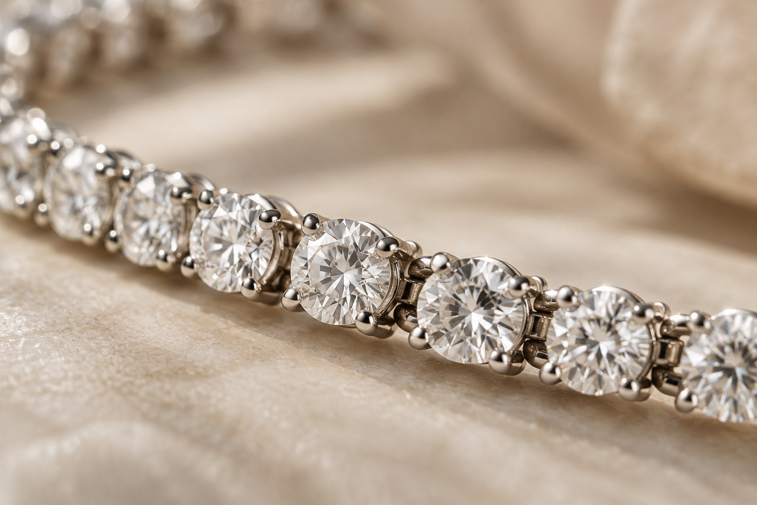 Illustration: macro of prong-set round diamonds in a flexible articulated line