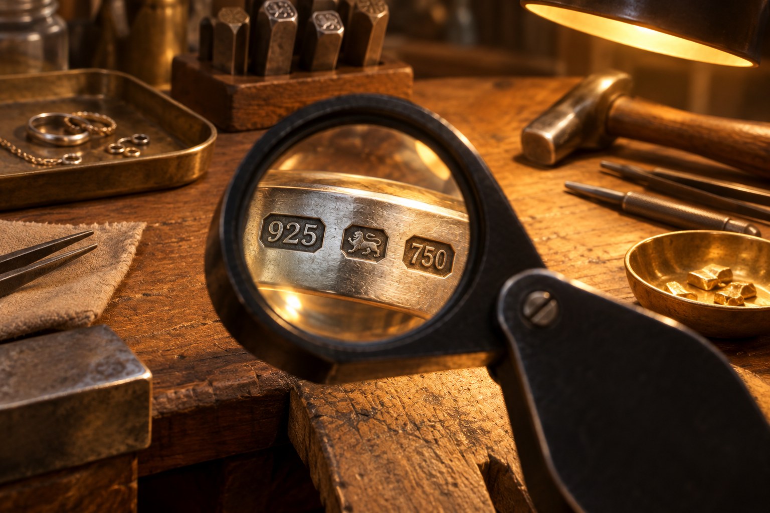 Illustration of 925 and 750 hallmarks under a loupe (AI illustration, not a Shewah product)