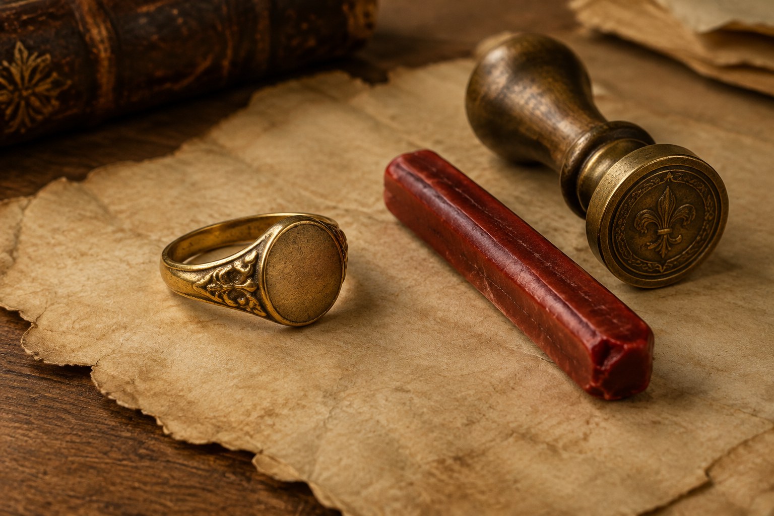 AI illustration of a gold signet ring beside red sealing wax and a brass seal stamp.
