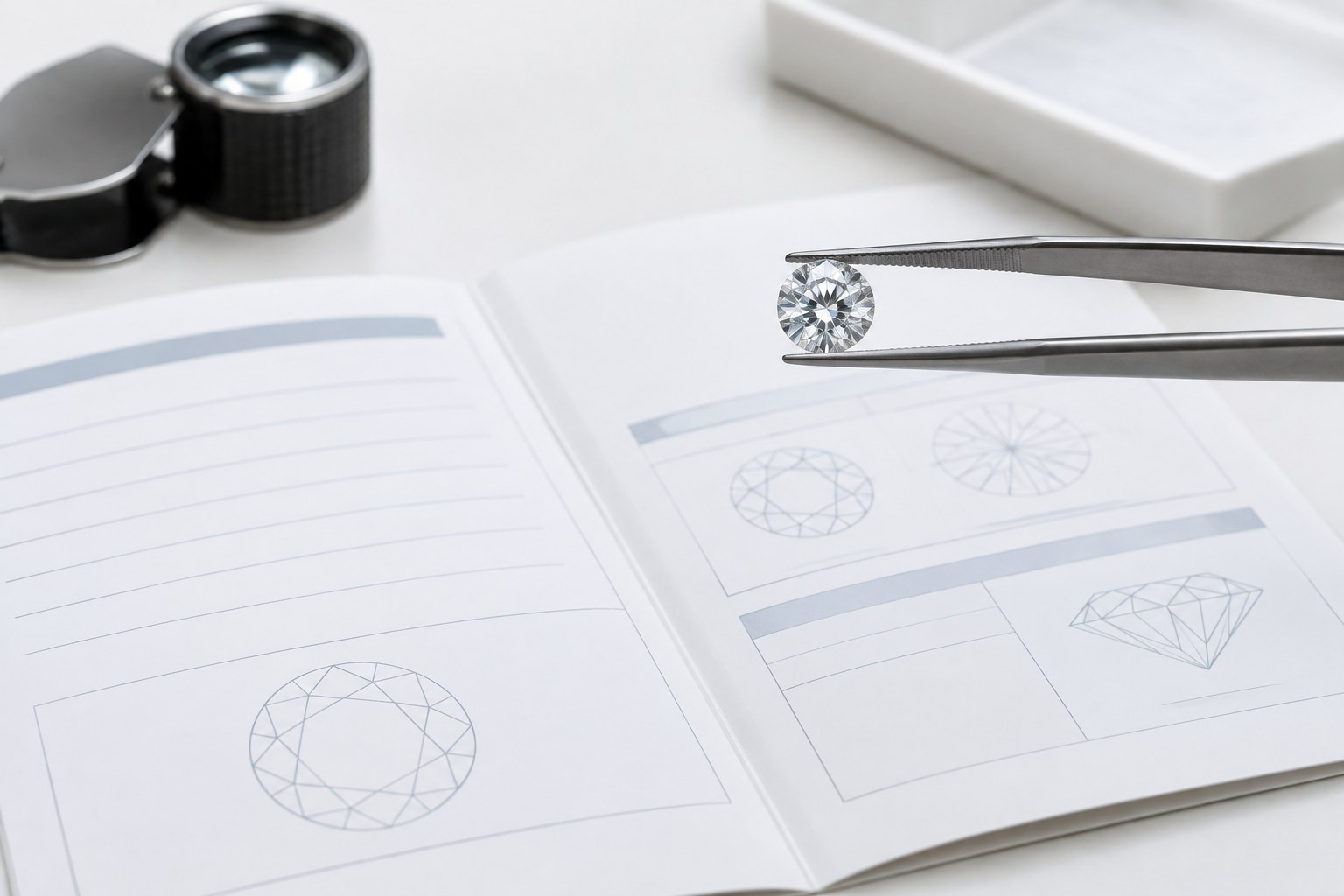 AI illustration of tweezers holding a round diamond above an open grading report.