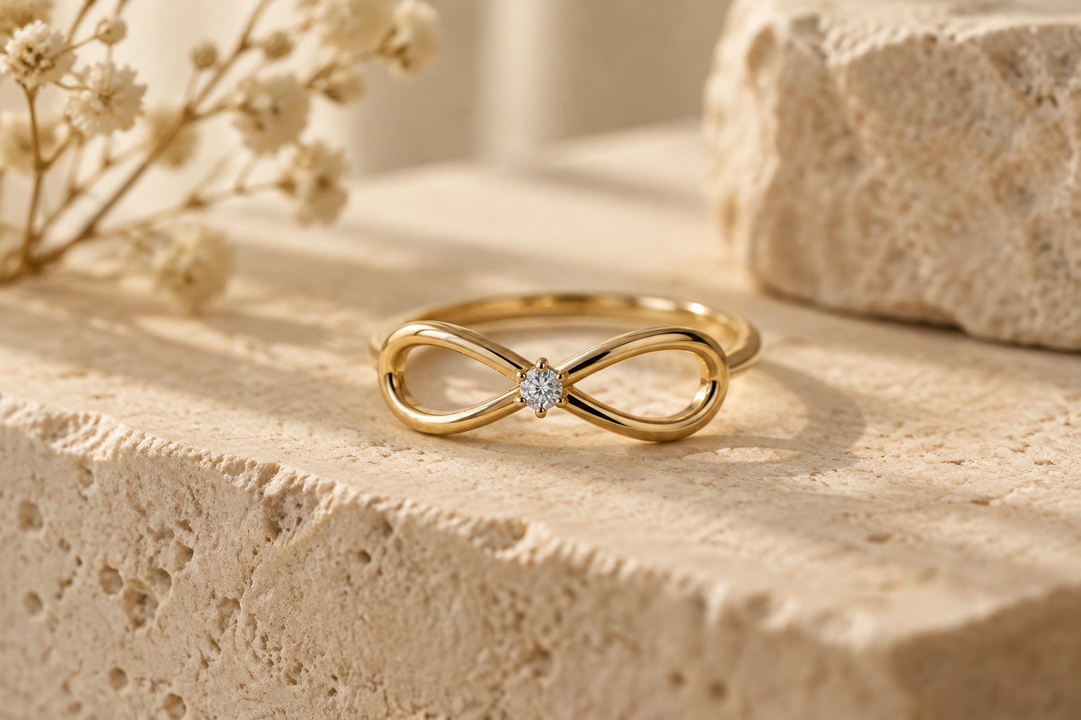 A gold infinity ring with a diamond at the crossover point
