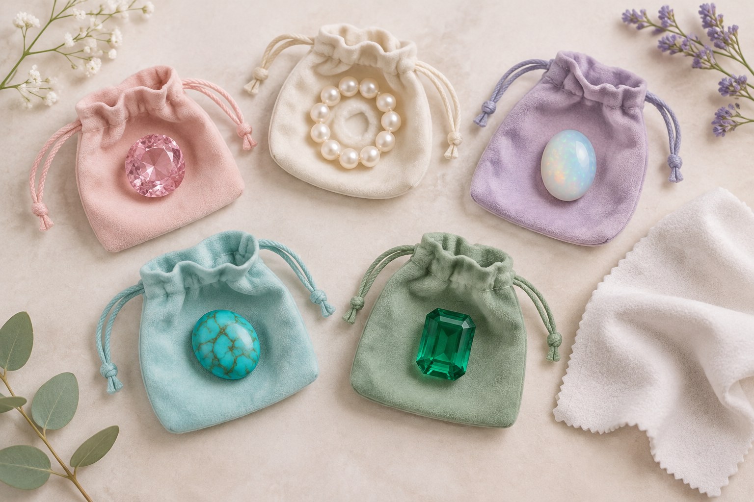 Illustration of pearls, opal, turquoise and emerald in soft pouches (AI illustration, not a Shewah product)