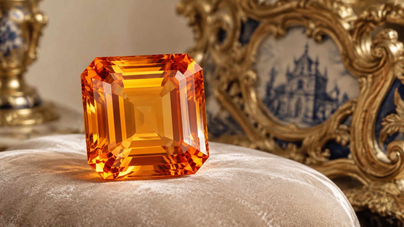 A large orange imperial topaz with palace ornament behind