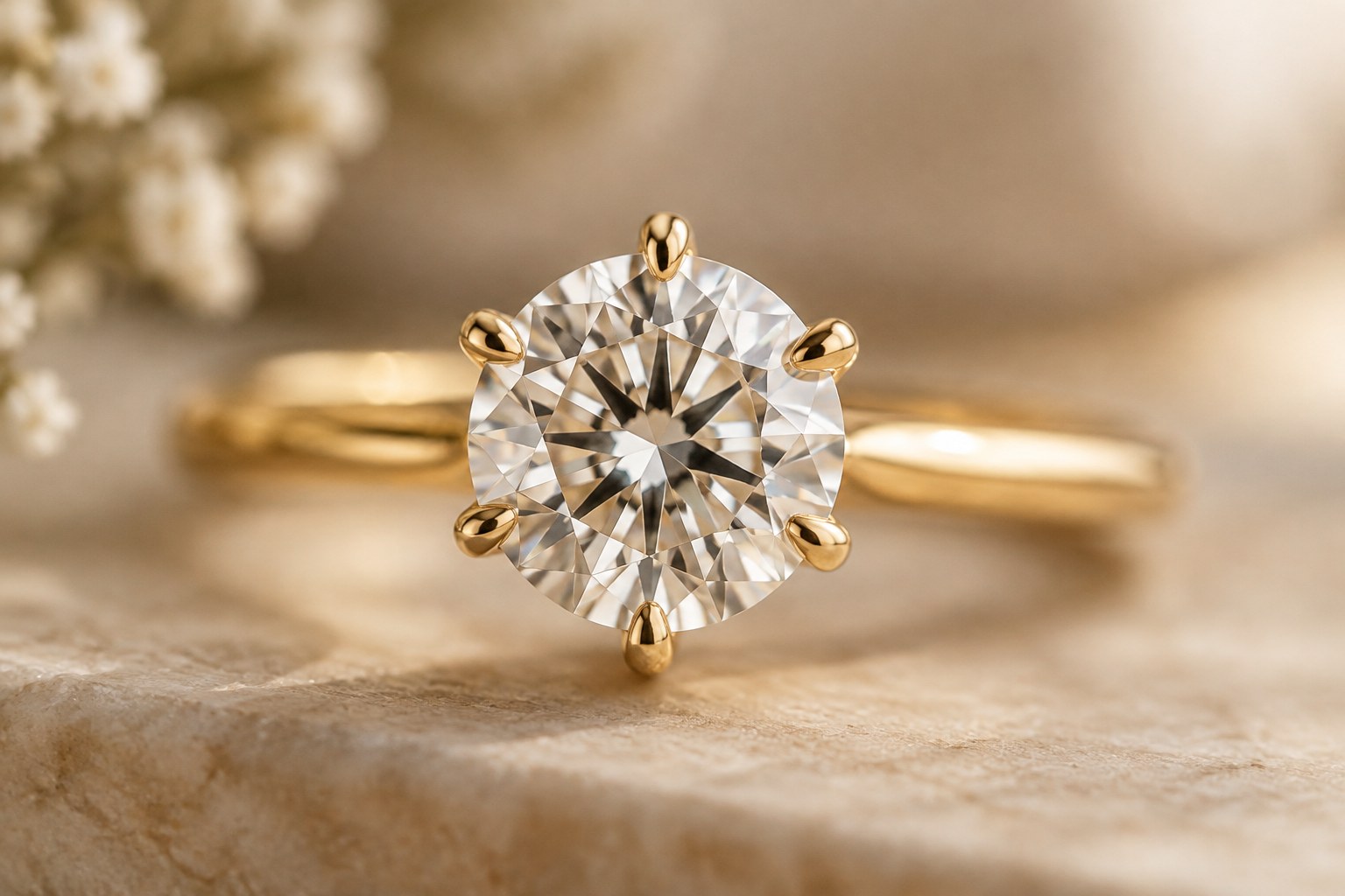 Illustration: extreme macro of a round diamond held by six slim prongs