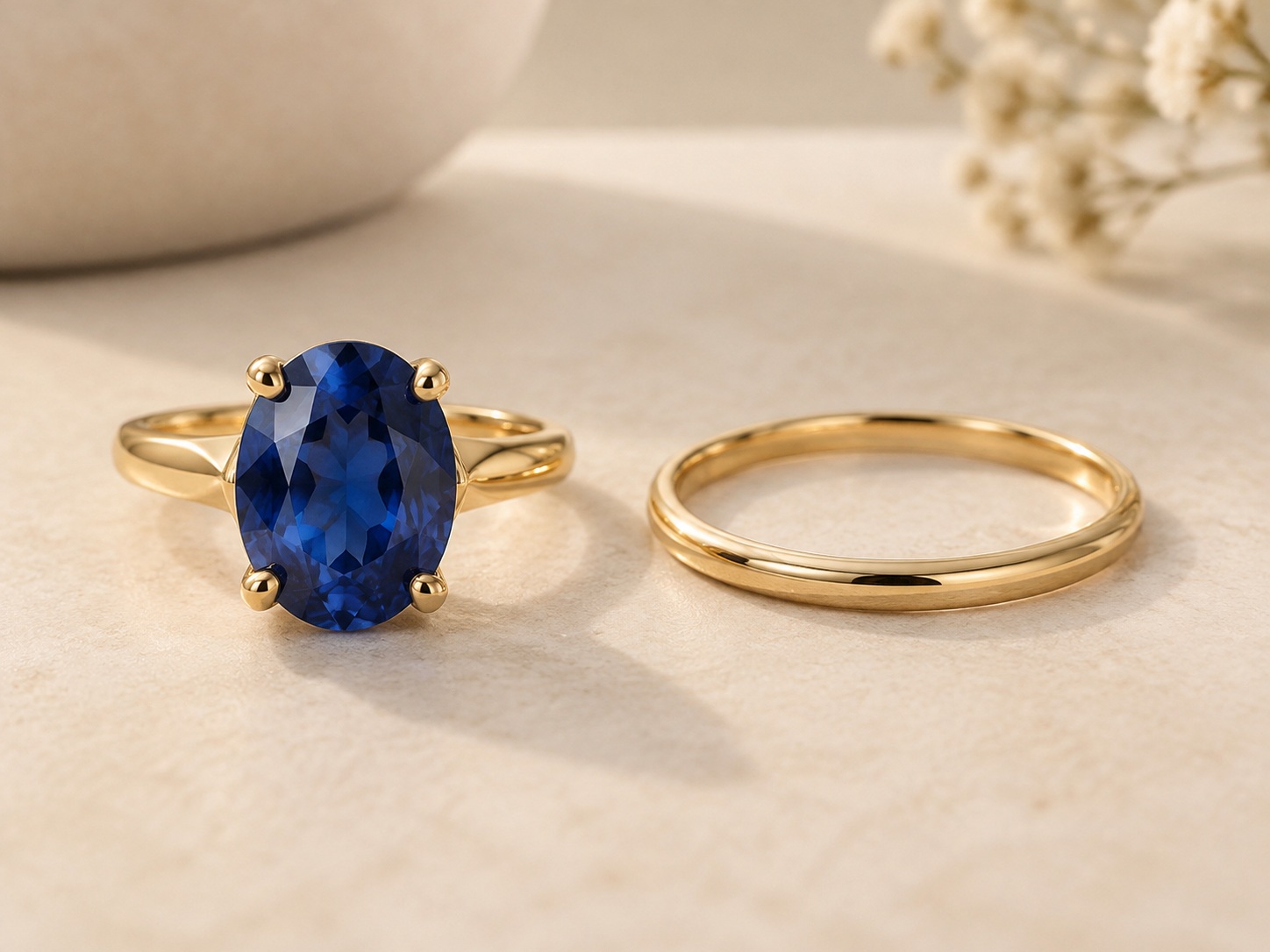 AI illustration of a blue gemstone-style ring beside a simple gold-coloured band.