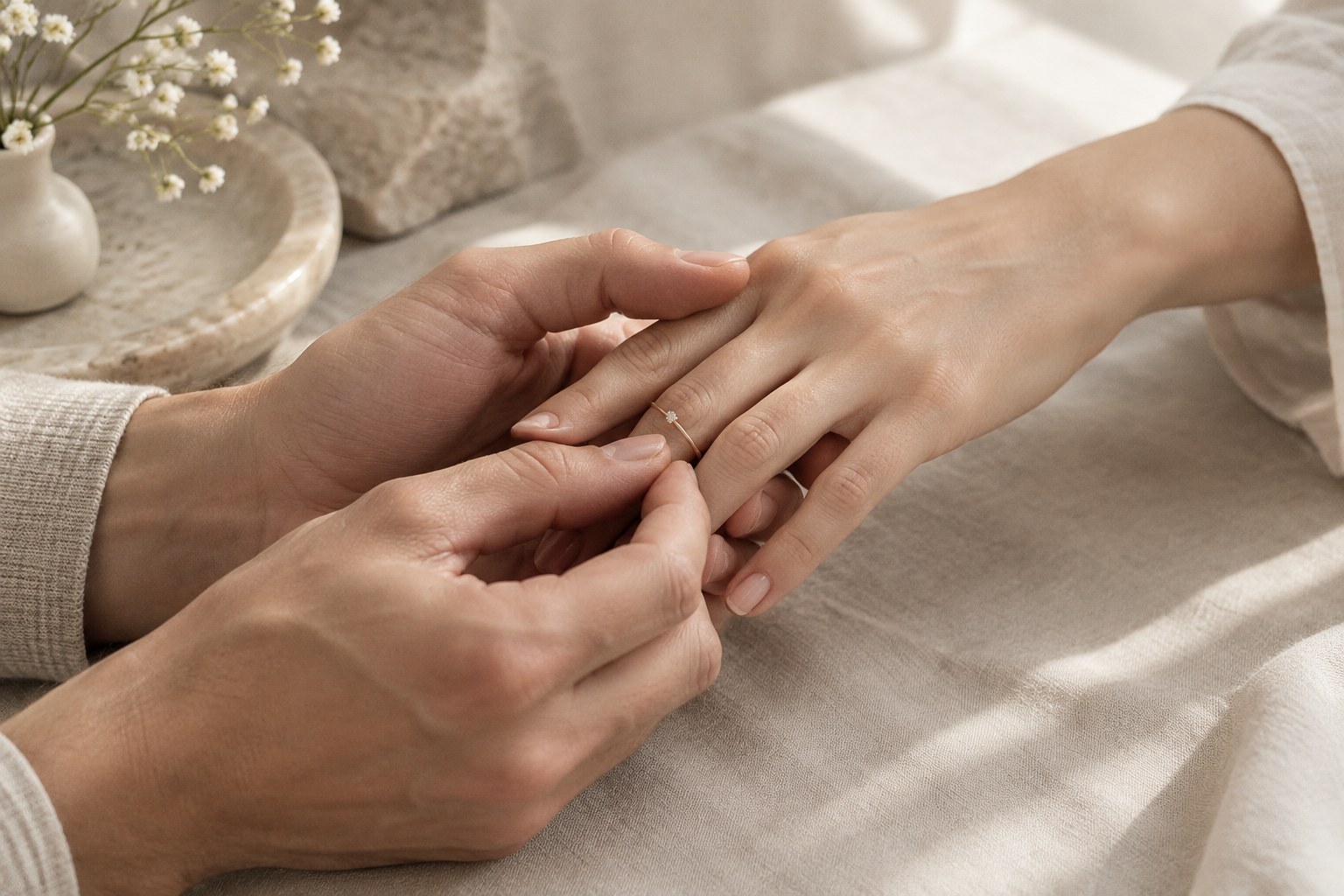 Illustration: a slim ring placed on a partner’s right hand