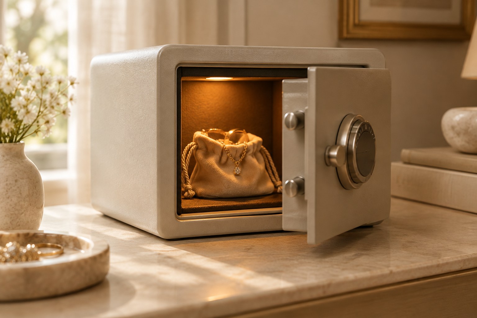 Illustration: a small home safe open with a jewellery pouch inside
