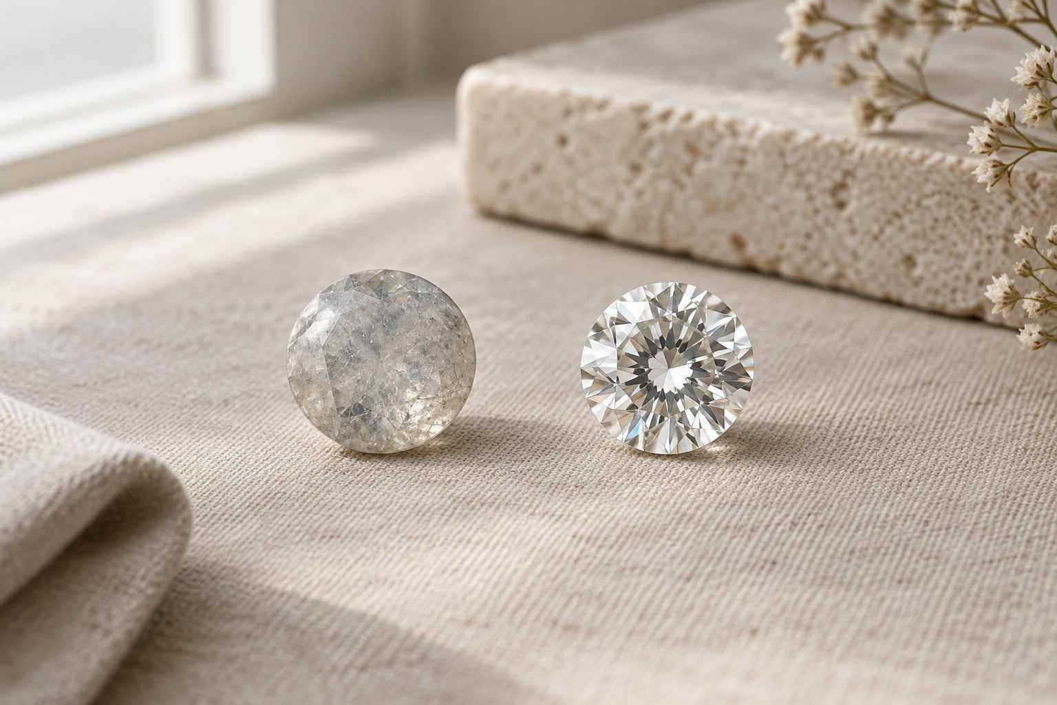 Illustration: a dulled worn simulant stone beside a bright diamond