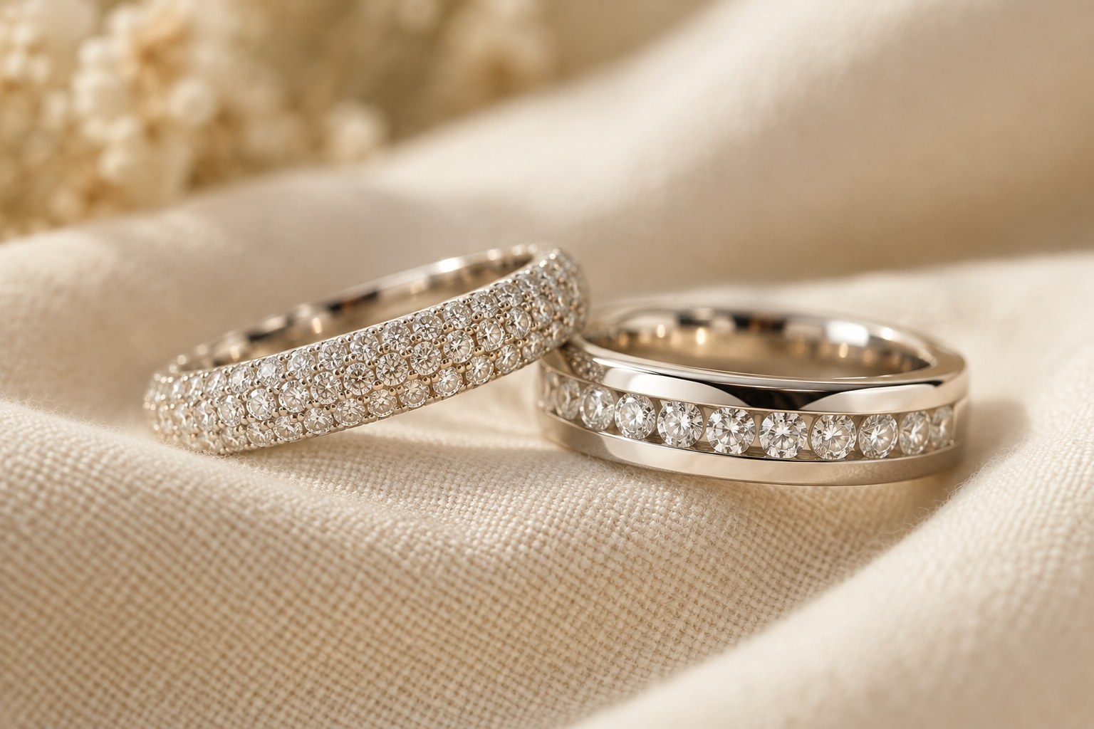 Illustration: a pave diamond surface beside a smooth channel-set band