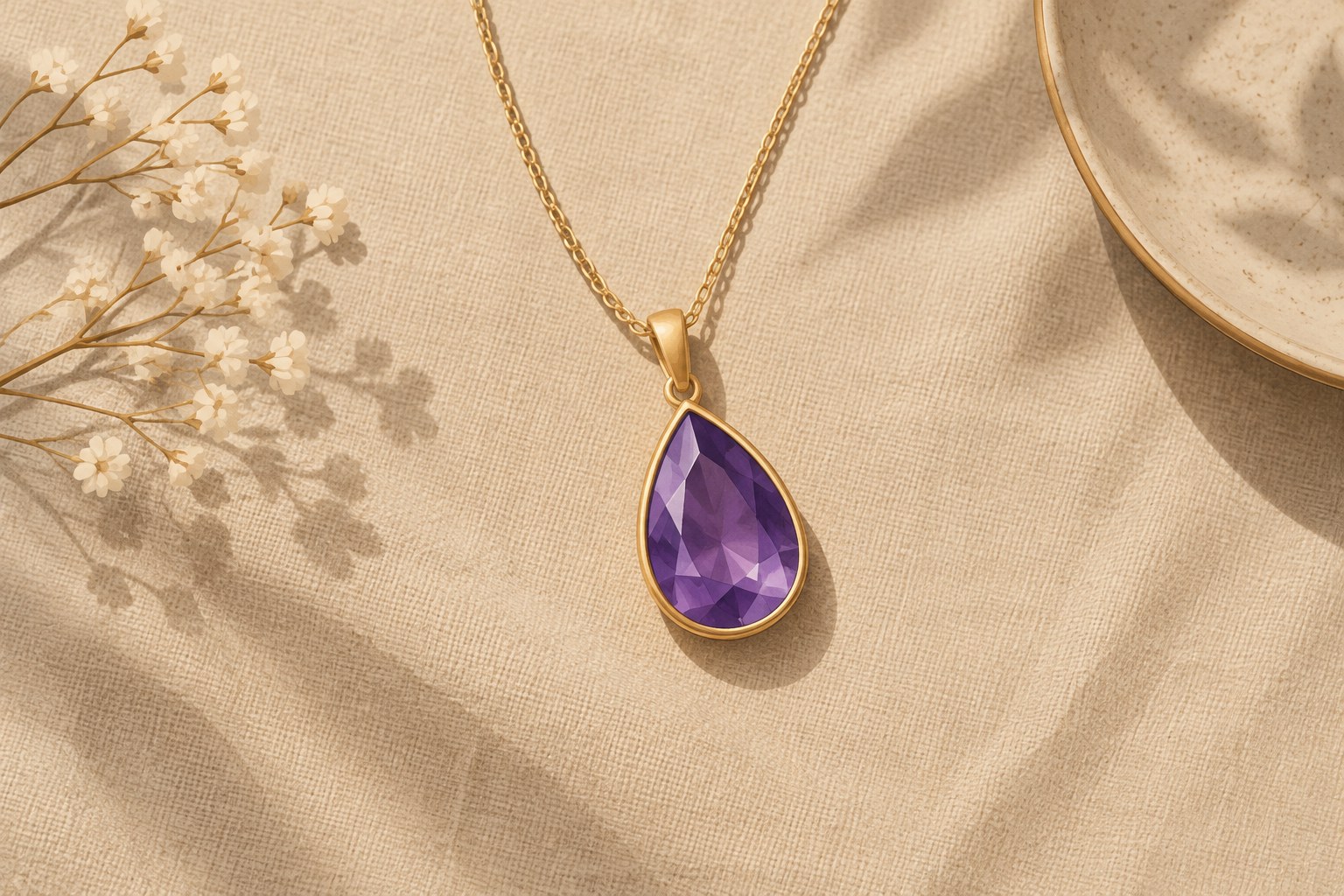 Illustration: an amethyst pendant necklace on linen