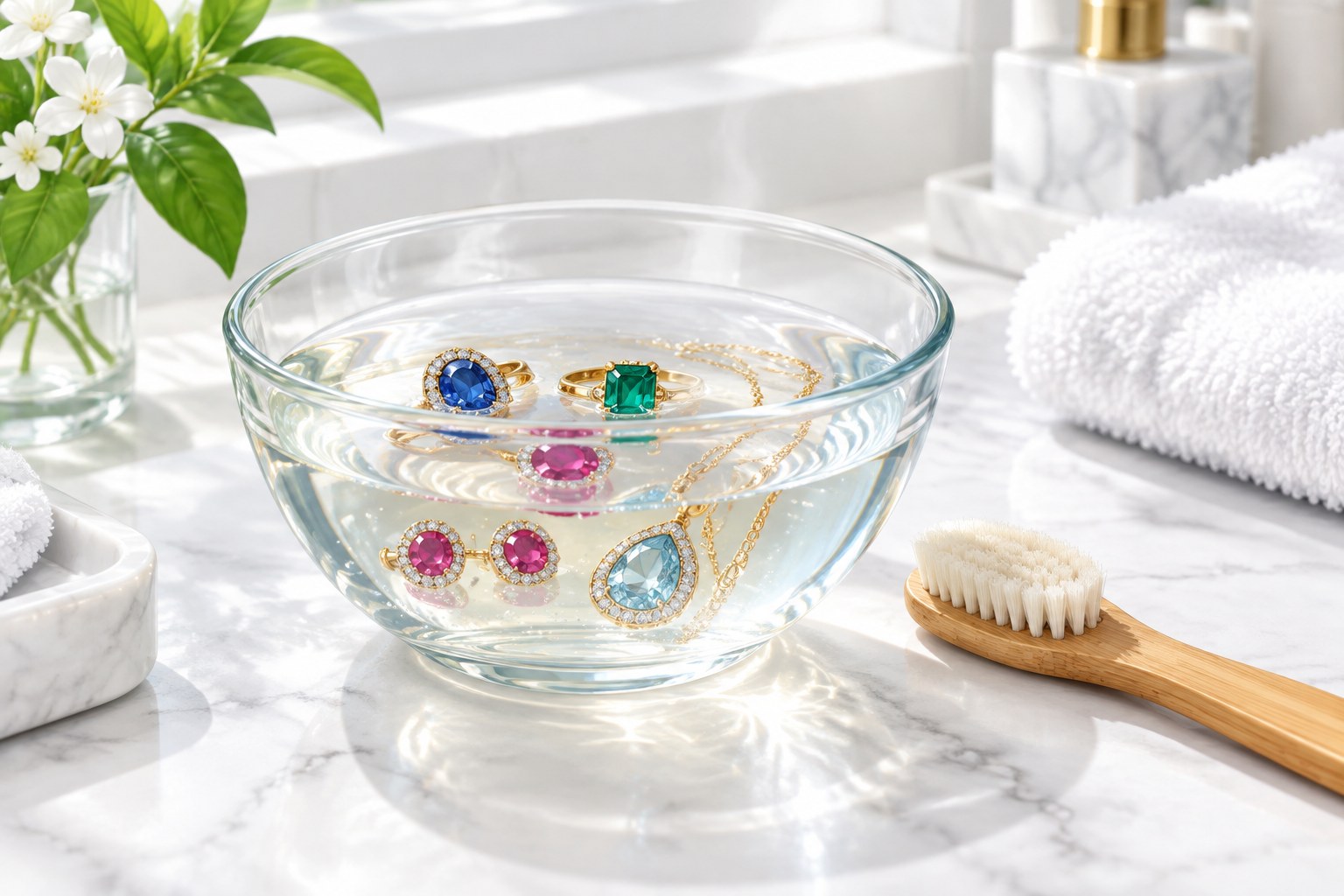 Illustration of gemstone jewellery cleaned in a bowl of warm water (AI illustration, not a Shewah product)