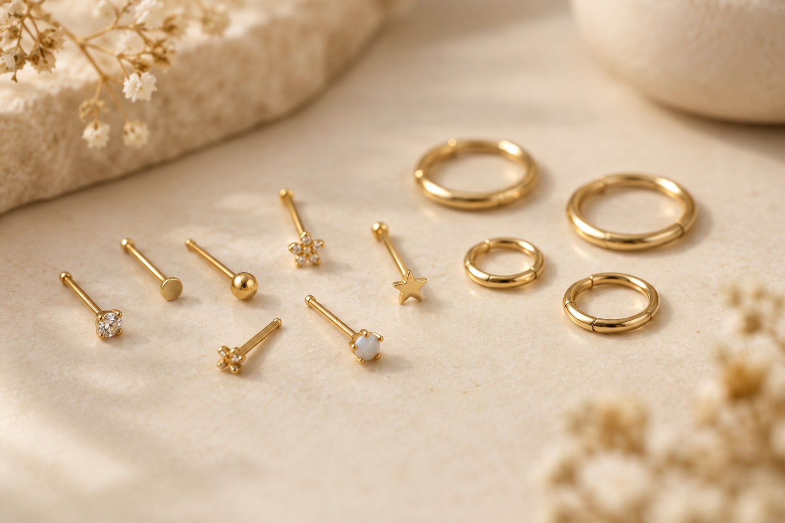 Illustration: gold nose studs and tiny seamless hoops on a cream background