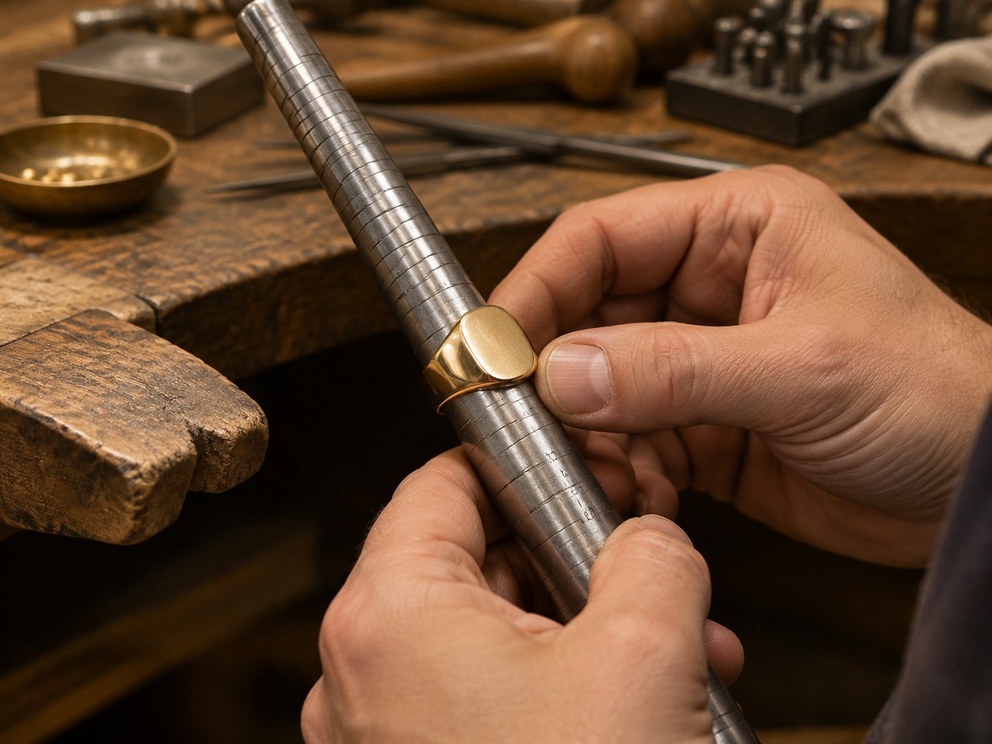 A jeweller sizing a gold signet ring on a ring mandrel at a workbench, AI-generated illustration