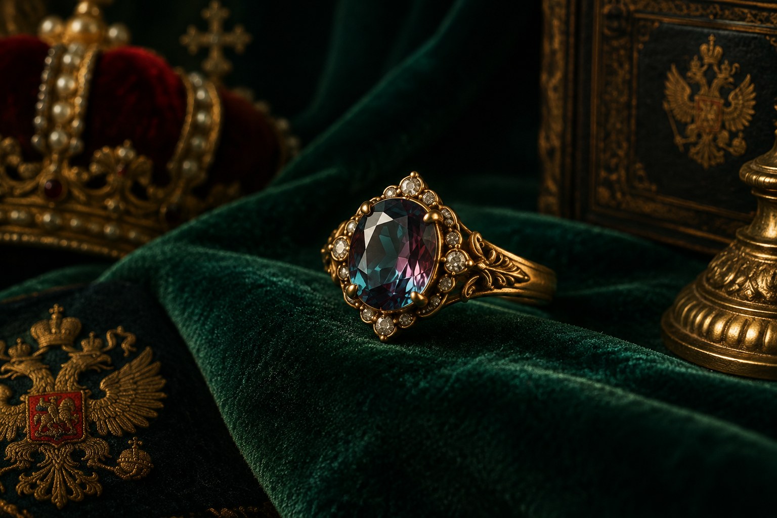 Illustration of a vintage alexandrite ring on green velvet (AI illustration, not a Shewah product)