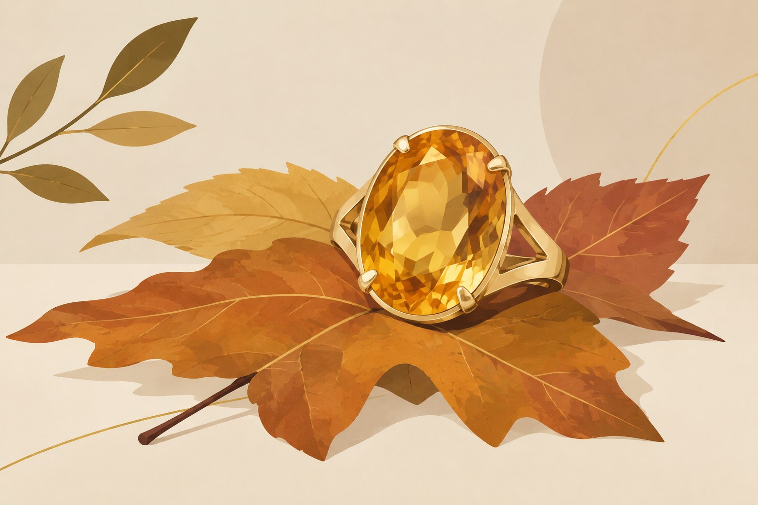 Illustration: a citrine cocktail ring on autumn leaves