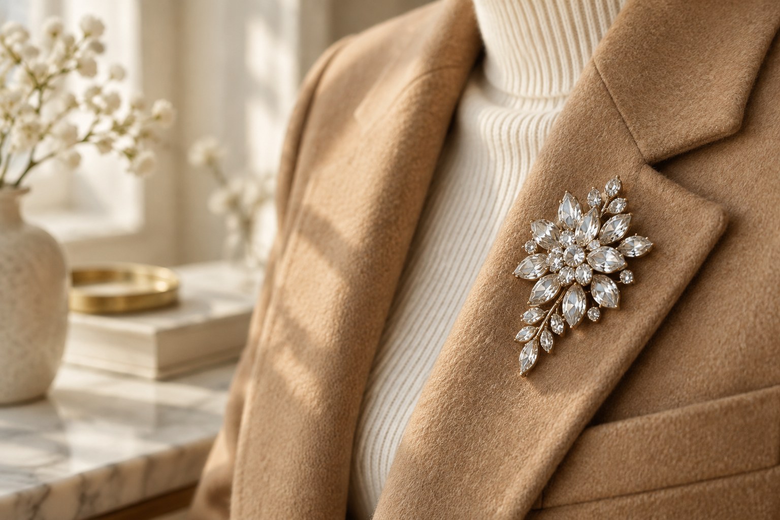 A sparkling crystal brooch pinned on the lapel of a camel wool blazer