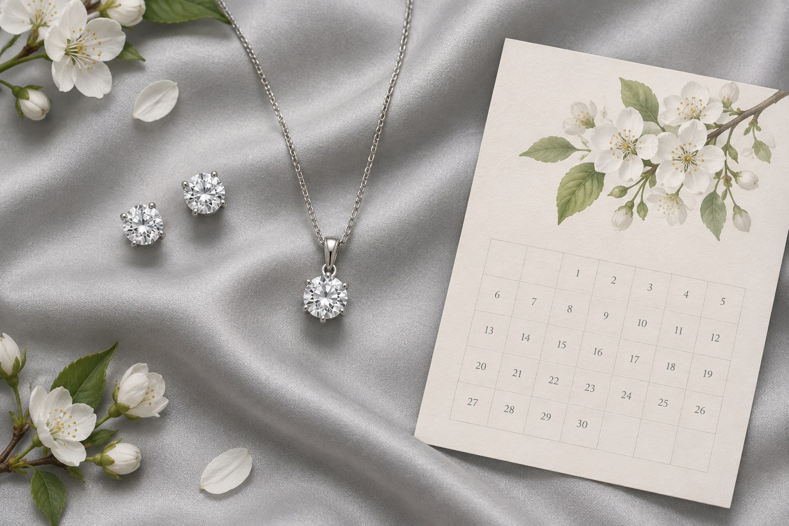Illustration of diamond studs and pendant with an April card (AI illustration, not a Shewah product)
