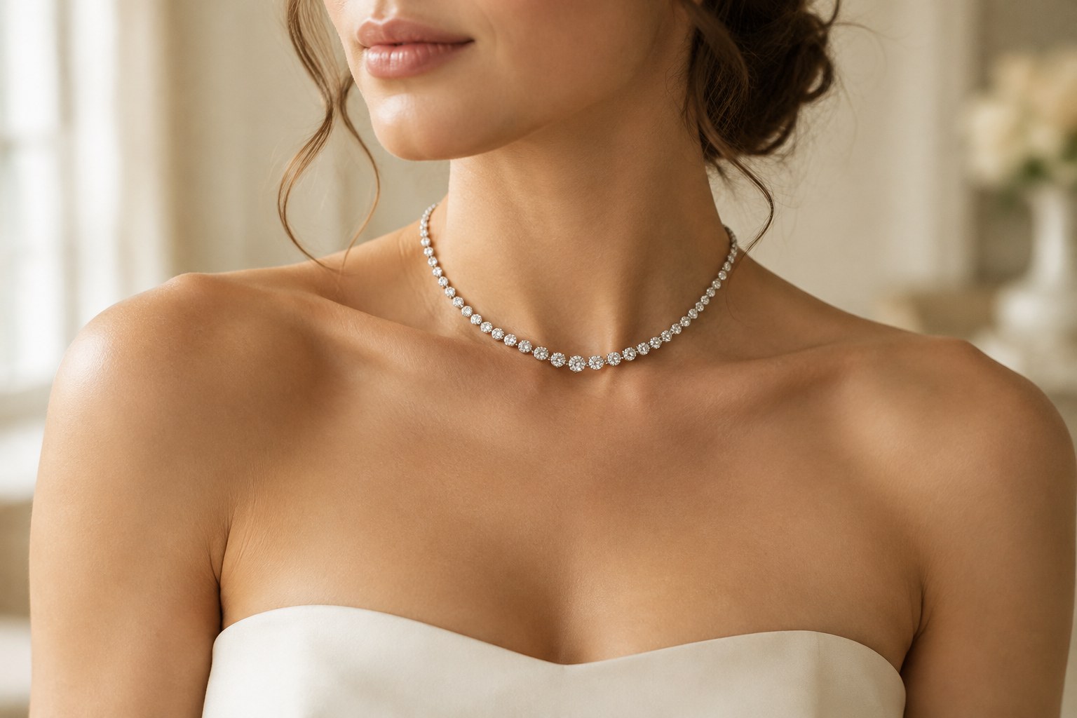 Illustration: a short diamond necklace at the collarbone over a strapless dress