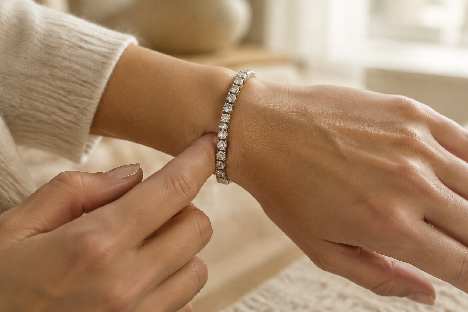 Illustration: sliding one finger under a worn tennis bracelet to check fit