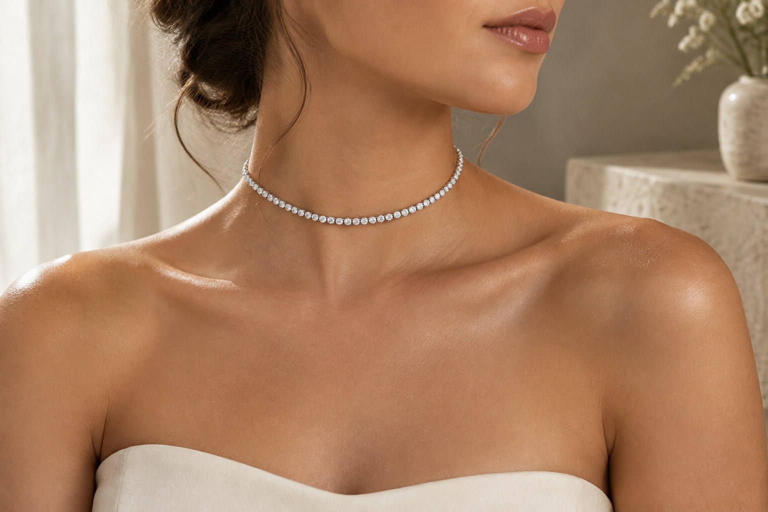 Illustration: a diamond tennis choker at the collarbone with a strapless neckline