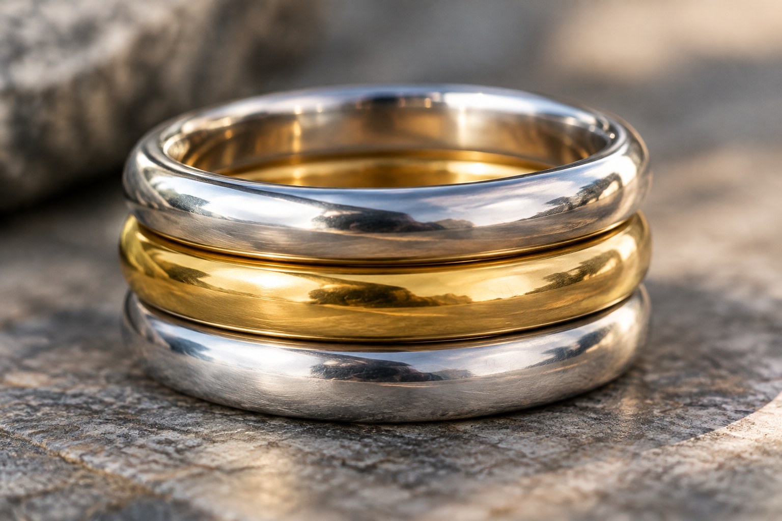 Illustration of a mixed-metal ring stack close-up (AI illustration, not a Shewah product)