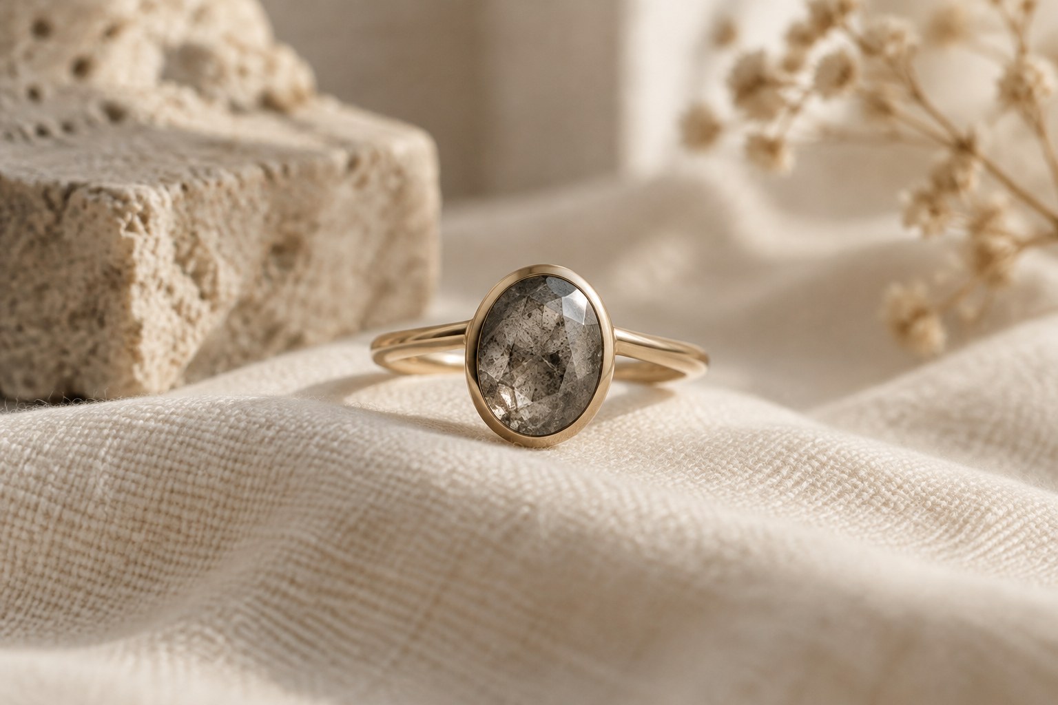 A minimalist gold ring set with a speckled grey salt and pepper diamond