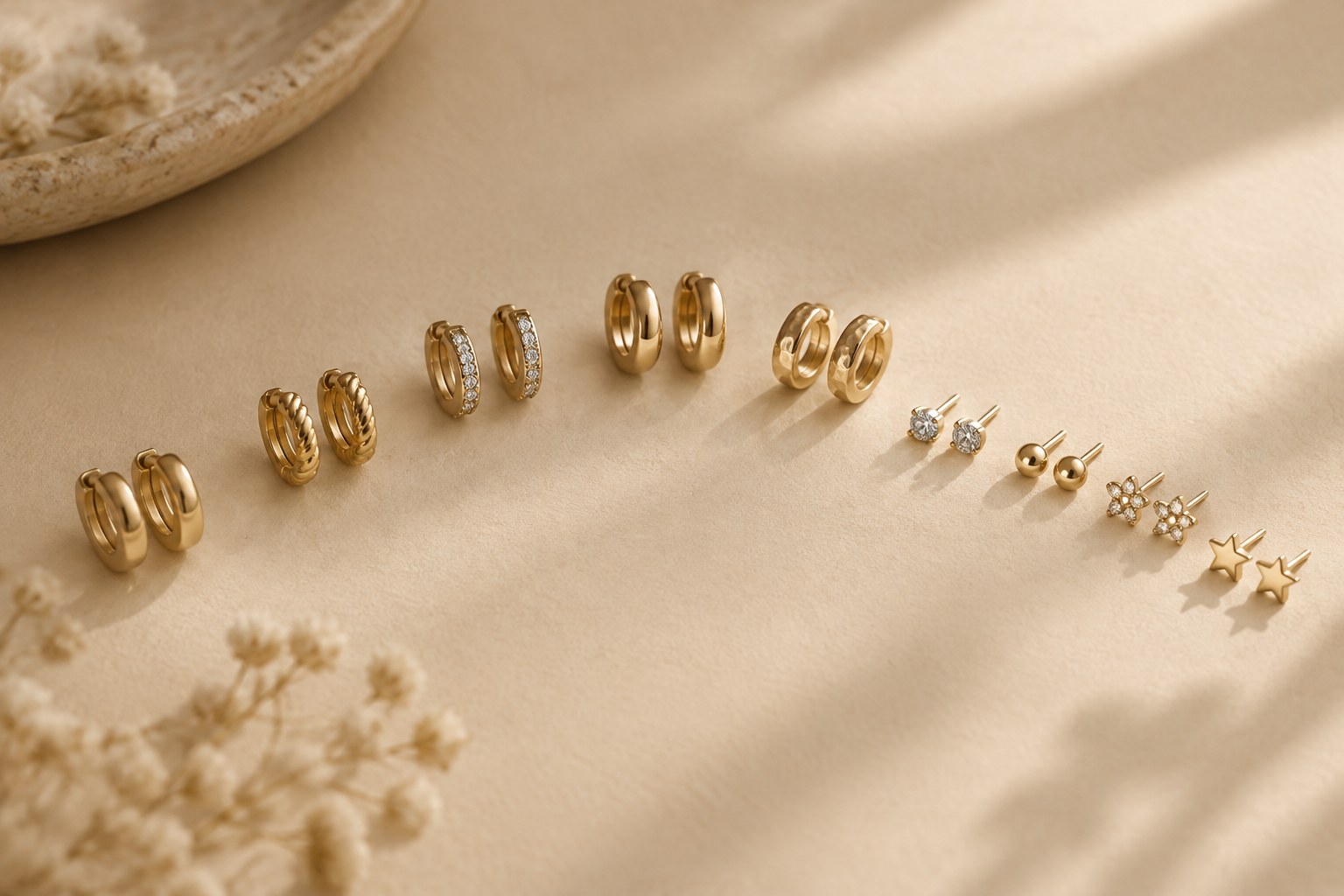 Illustration: small gold huggies and studs arranged in an arc on beige paper